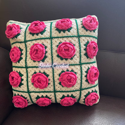 DIY材料包 3D立體玫瑰方格咕𠱸套 3D Rose Granny Square Pillowcase
